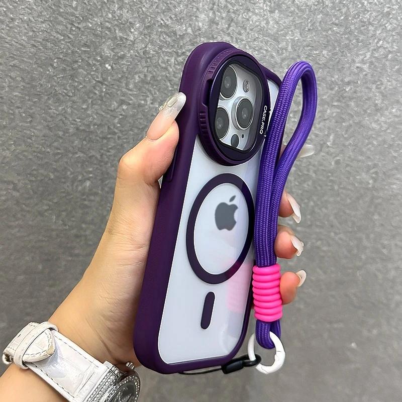 Luxury With Lanyard Magsafe Phone Case For iPhone 11 12 13 14 15 16 Pro Max Plus Magnetic Holder Bumper Cover