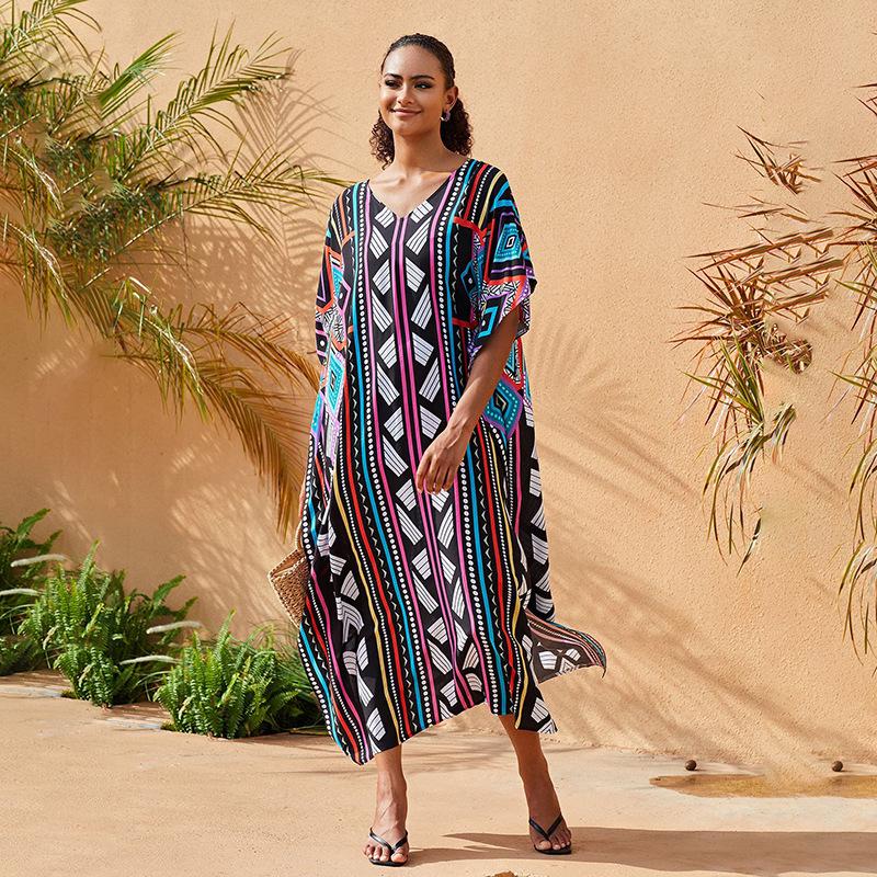 2024 European-American Rayon V-neck Beach Cover-up Robe