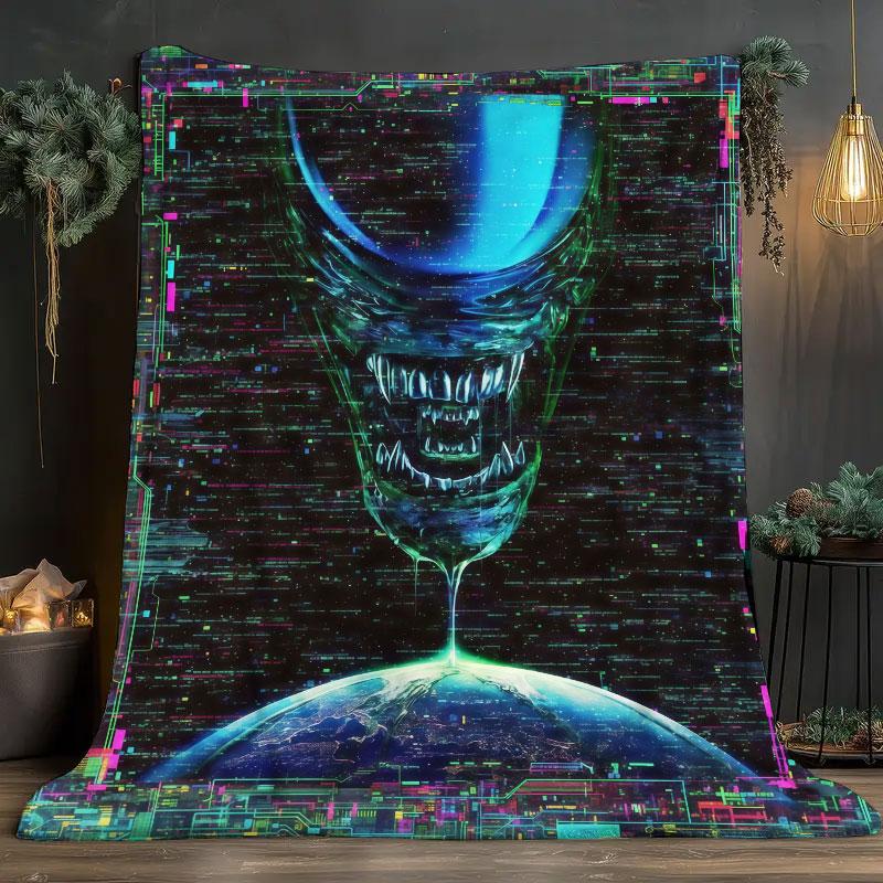 1Pc ArtAlien Print Flannel Blanket, High quality Comfortable for All Seasons, Warmth and Comfort, Perfect for Christmas Gifts