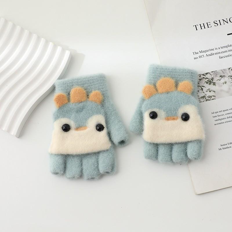 Half finger flip gloves children boys and girls cute cartoon plush warm and cold gloves children's gloves winter