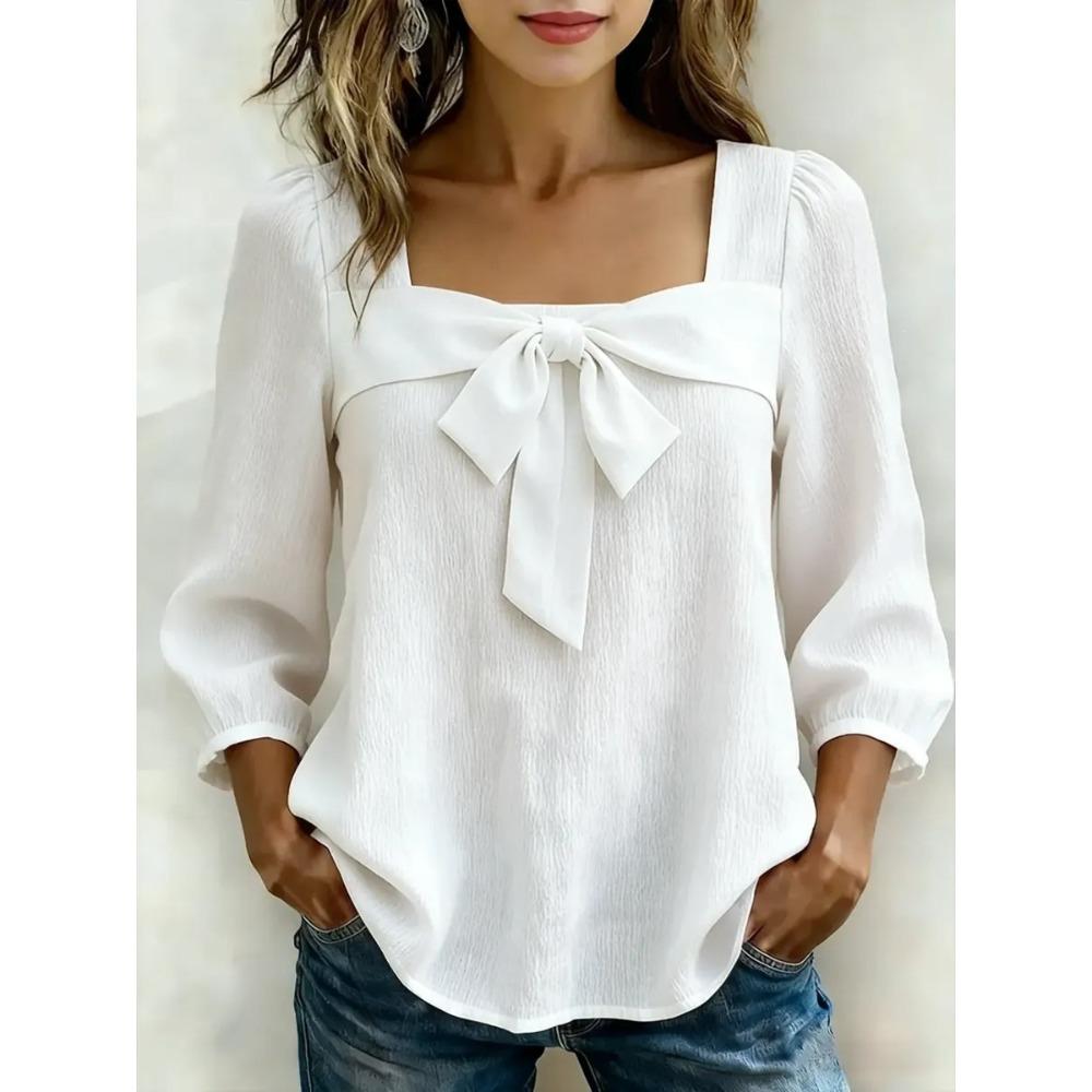 women's Square Neck Bow Tie Blouse 3/4 Puff Sleeve Casual Solid Color Top for Summer