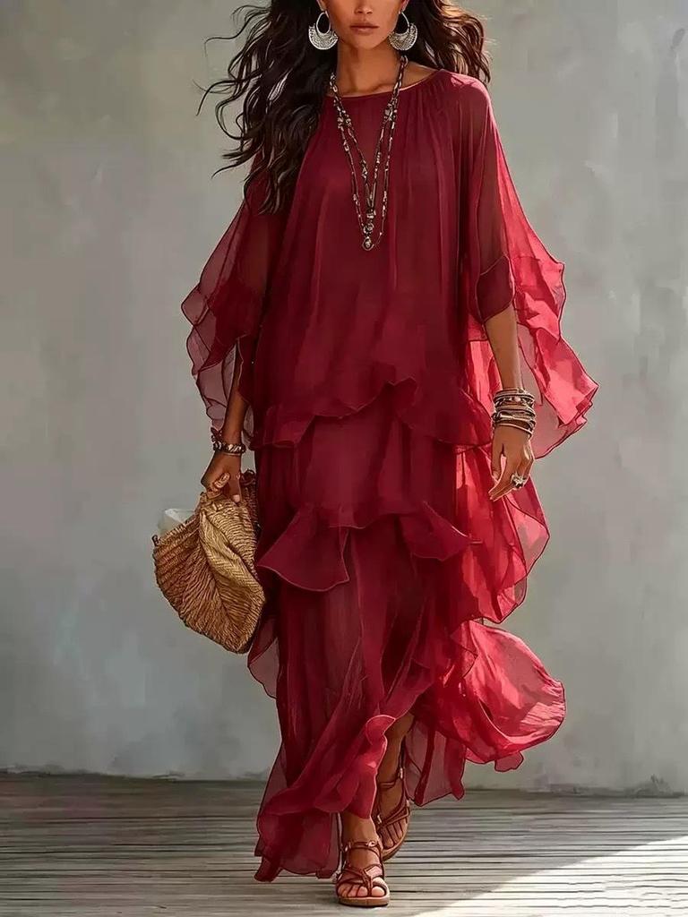 Elegant French-Style Ruffled A-Line Dress with Lantern Sleeves & Beaded Accents