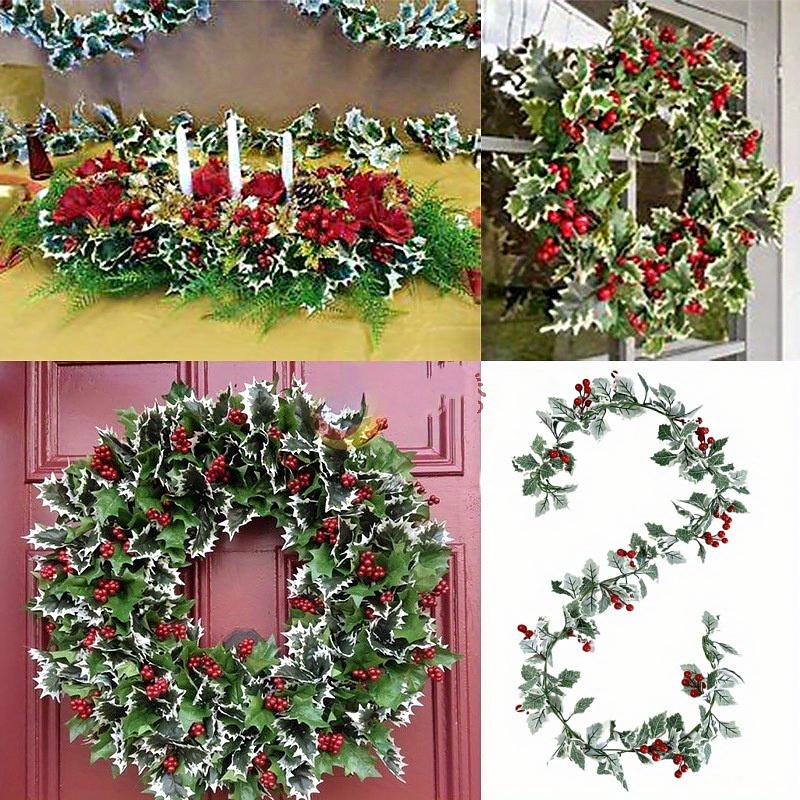 1PC Christmas Tree Vine Decorations Fireplace Wreath Gardens Artificial Holly Leaves Home Plastic Xmas Trees Red Berries Holiday