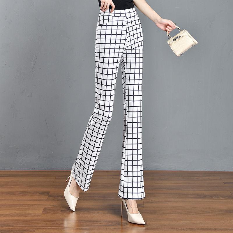 Black & White Plaid Flare Pants - 2024 Summer Elastic Waist, Slim Fit, Versatile Women's Micro Flare Long Pants