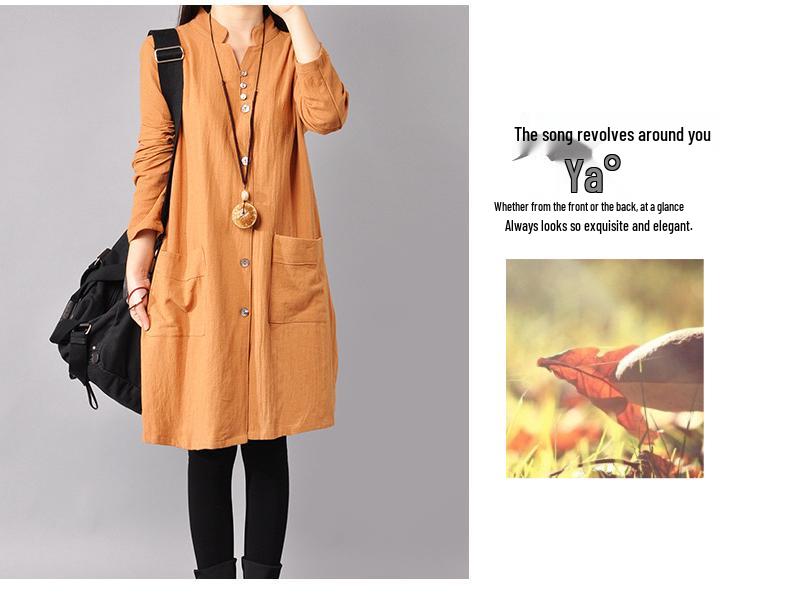 2025 Spring Korean Plus Size Women's Cotton Linen Shirt Dress with Half-Open Collar and Long Sleeves