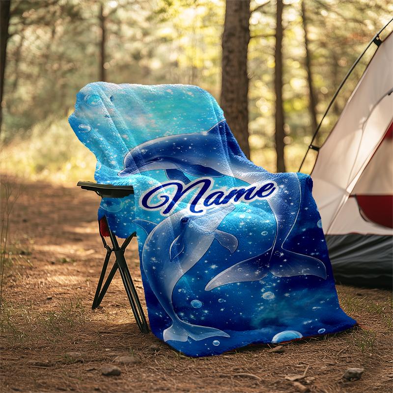 1PC Custom Name Dolphins Underwater Dreams Outdooor Flannel Blankets Throw Blanket All-Season Throw Gift Bedspread for Couch, Bed, Camping Holiday Bir