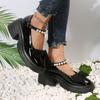 Leisure Women's Four Seasons Pearl Decoration Strap Non Slip Square Heels Round Toe Business Casual Dress Shoes for Women