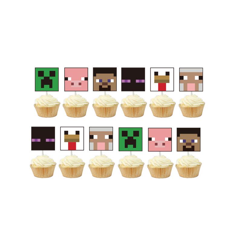 Minecraft Mosaic Pixel Theme Party Flags & Cake Toppers