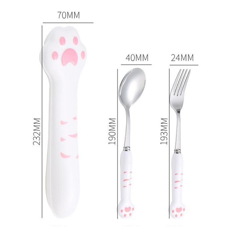 Cute Cat Paw Cutlery Set Stainless Steel Fork Spoon With Storage Box Dinnerware Tableware Silverware Lunch Portable Tableware