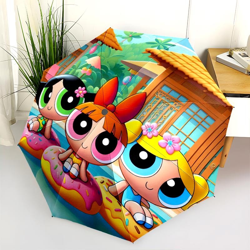 1PC The Powerpuff Girls Umbrella Portable Folding Umbrella Iron Frame Hole Bone Structure Outdoor Home Umbrella A1