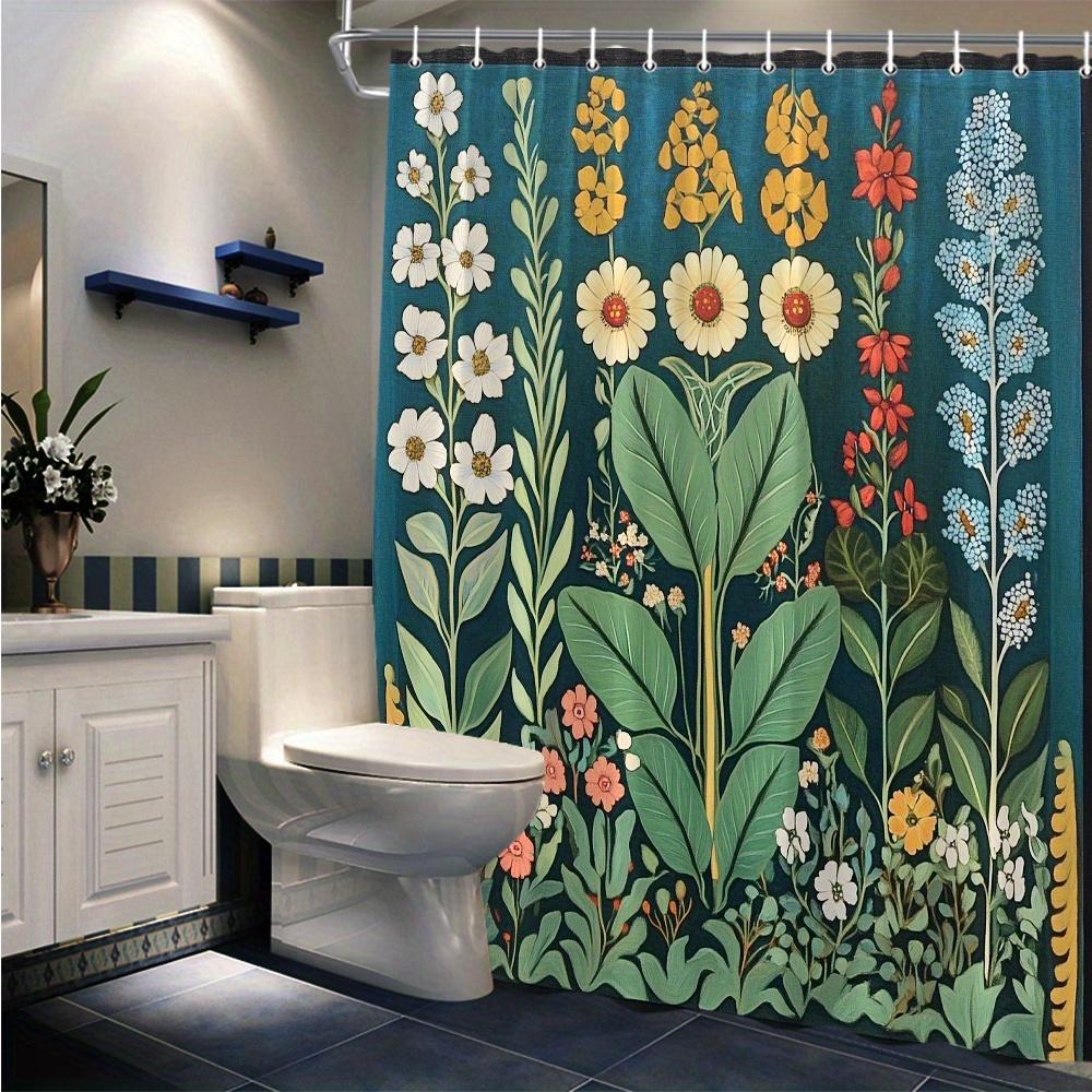 1 szt. Vintage zasłona prysznicowa botaniczna - Bujne zielone rośliny z jaskrawożółtymi, czerwonymi i niebieskimi kwiatami na głębokim turkusie, 70x70 cali Poliest
