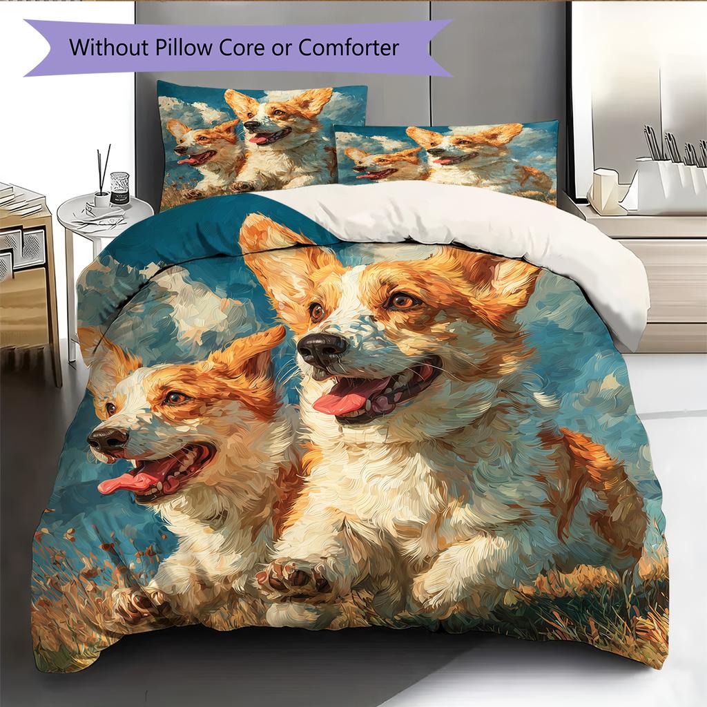 Corgi and Grassland Pattern Bedding Home Decoration Birthday Gift (1 * duvet cover + 2 * pillowcase, without core)