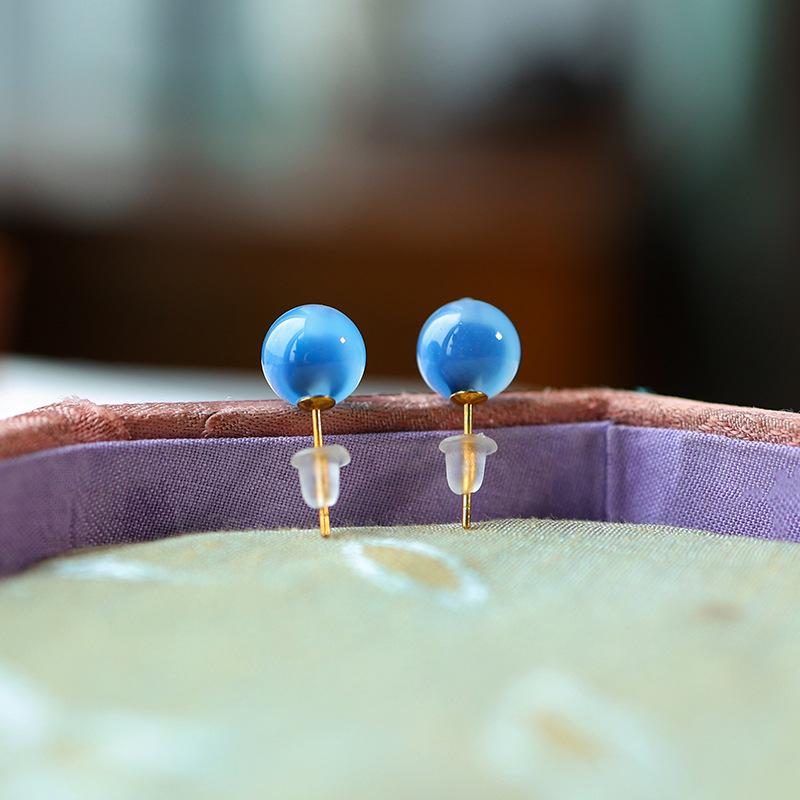 Blue Agate Hollow Heart Earrings with Moissanite Diamonds, 925 Sterling Silver Gold-Plated.