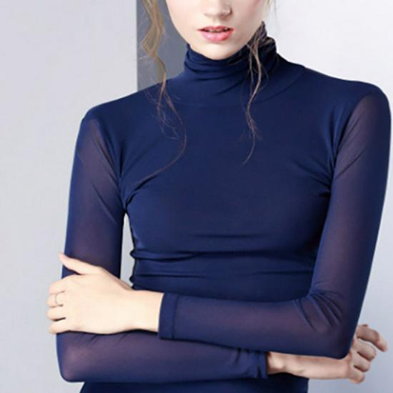 Women's Velvet Mesh High-Neck Base Layer: Long-Sleeve, Solid Color, Slim Fit for Autumn/Winter 2023