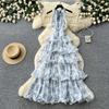 French romantic style V-neck neck floral dress women's summer sweet sleeveless ruffle leaf edge cake dress looking thin
