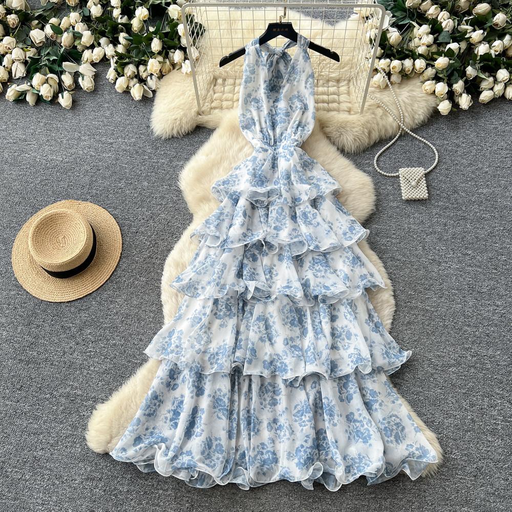 French romantic style V-neck neck floral dress women's summer sweet sleeveless ruffle leaf edge cake dress looking thin