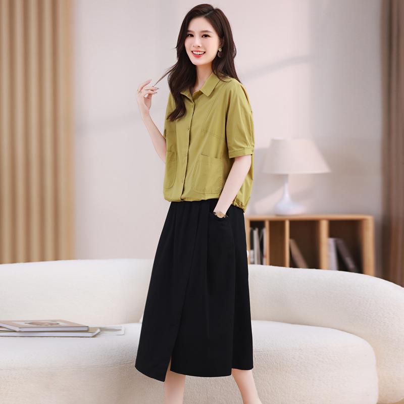 

Женский летний комплект из двух предметов из хлопка: Свободная, стройнящая блузка и юбка для стильных мам среднего возраста L жёлтый/чёрный