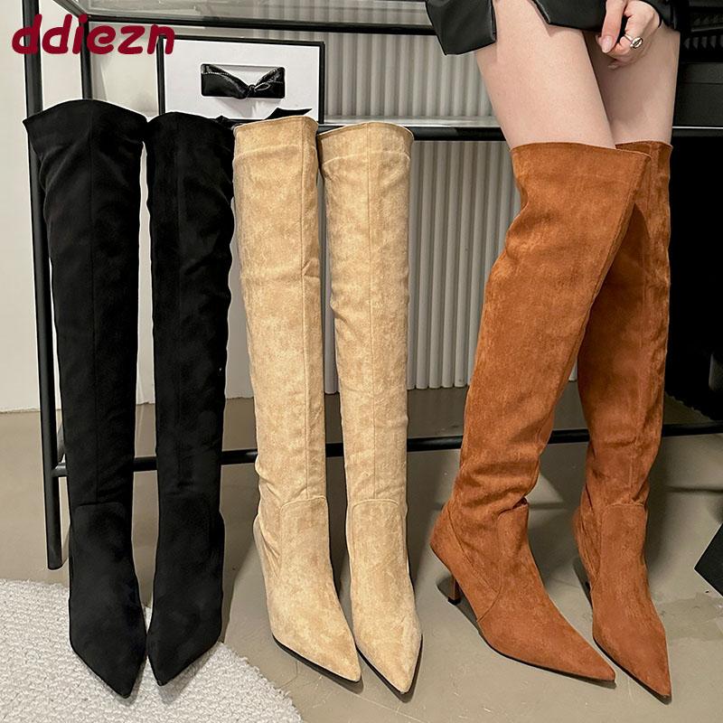 Móda Móda Semišové Podpatky Ženy Nad Koleno Boty Obuv Dámská Nazouvací Obuv Špičatá Špička Dámské Moderní Dlouhé Boty Lodičky Obuv