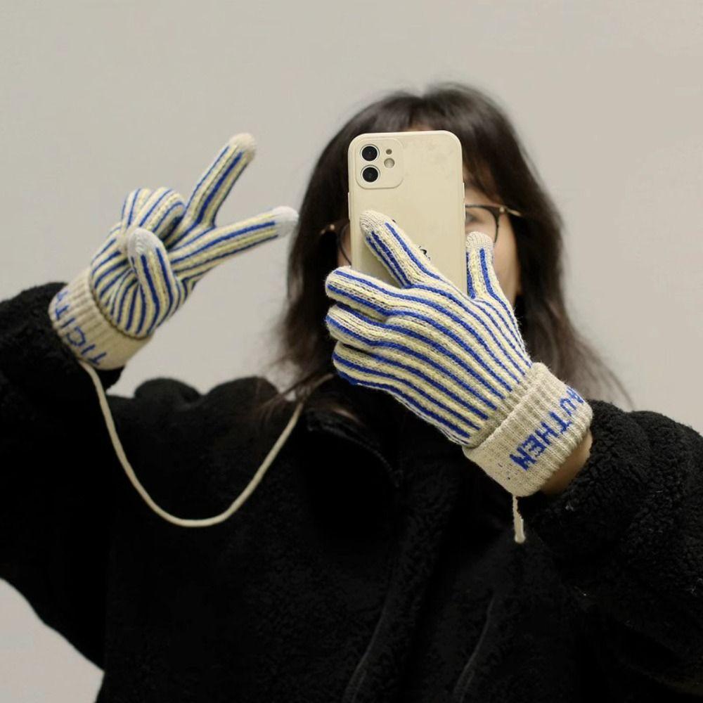 Thickened Striped Gloves Wool Winter Velvet Mittens Retro Knitted Gloves Outdoor
