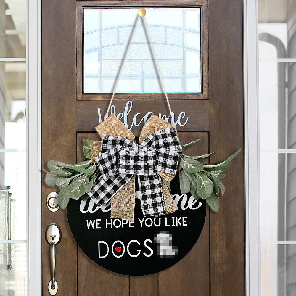 Drewniana tabliczka w rustykalnym stylu amerykańskim z kratkowaną kokardą do wystroju domu Psy i Koty