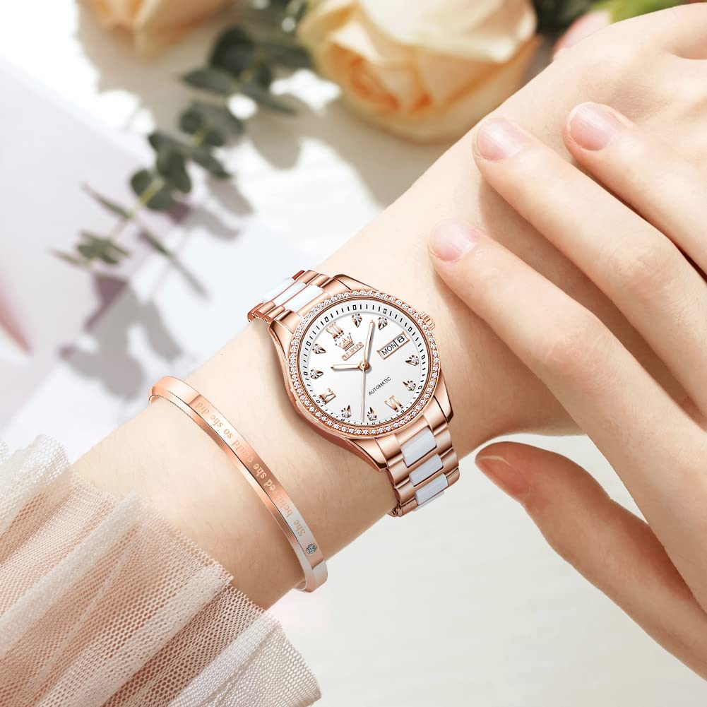OLEVS Popular and Waterproof Mechanical Watch with Date Luminous and Ceramic White Women's Wristwatch, Stylish, Display, Dial, Bracelet,