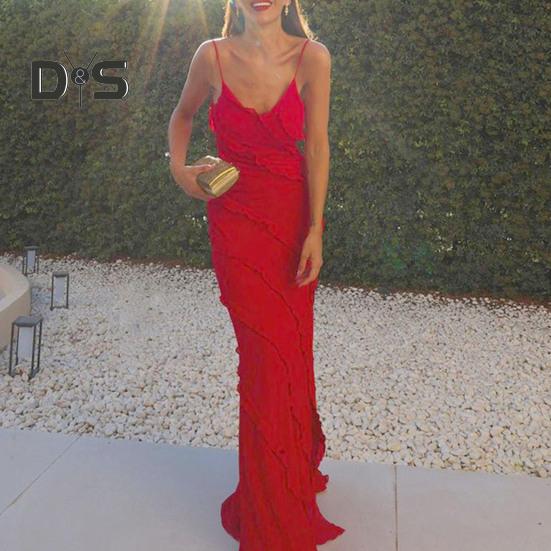Women Evening Dress Low-cut V Neck Backless Sleeveless Spaghett Strap Split Hem Patchwork Slim Fit Floor Length Solid Color Cocktail Prom Party Maxi