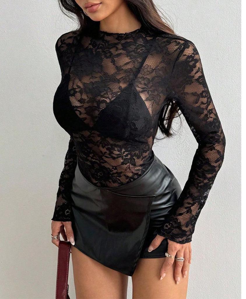 Elegant Long Sleeve Rose Lace Hollow Top - Women's French Design 2025