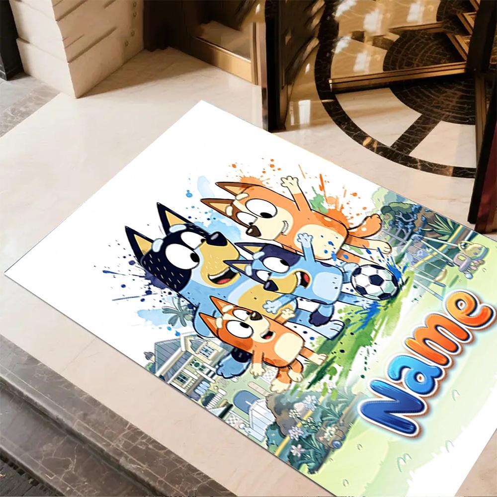 Bluey's Soccer Adventure Customized Name Floor Mat Perfect for Foyer Entryway Dining Room Hallway Anti-slip Rug Decorate Offices