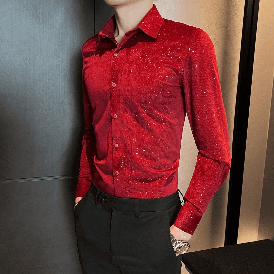 Men s 2026 Long-sleeved Shirt New Korean Style Fashion Trend Slim Casual M красный