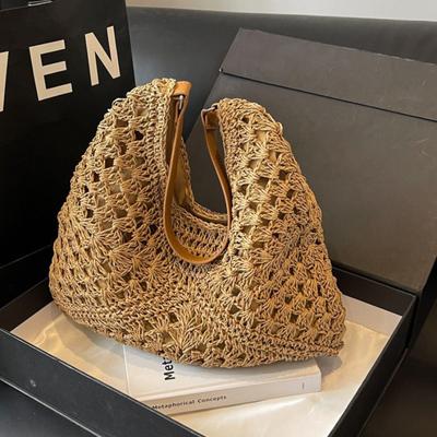 Hollow Woven Straw Beach Tote Bag - Versatile Large Capacity Shoulder Bag for Beach Vacation