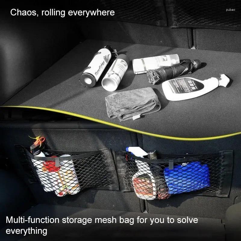 Car Organizer Rear Seat Storage Bag Trunk Mesh Auto Double-deck Elastic String Net Magic Sticker Pocket