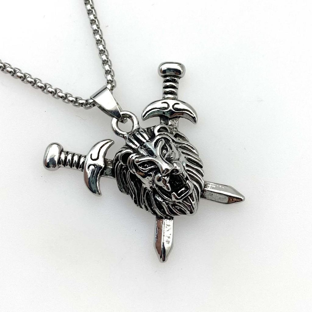 Necklace Retro Men's Ax Lion Non-fading Punk Pendant
