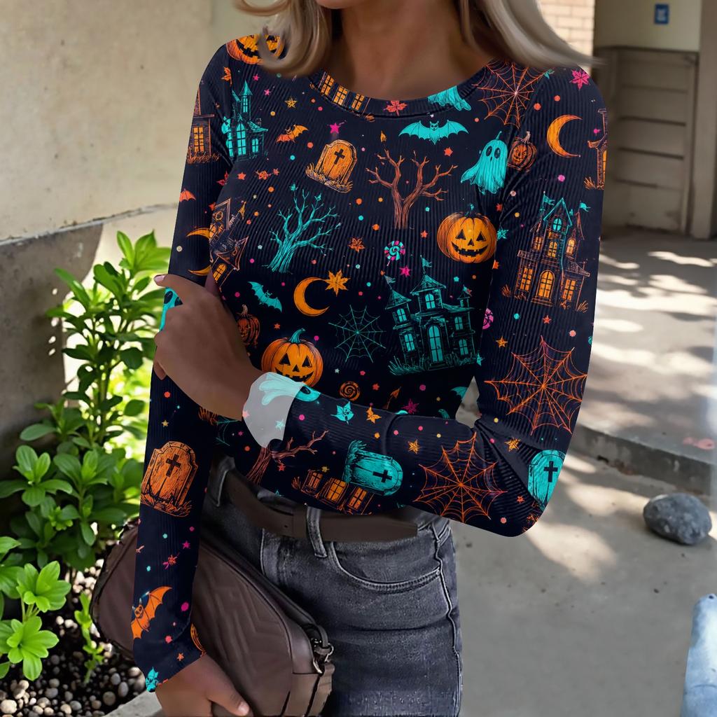 Women Halloween Print Long Sleeve Slim Fit Crew Neck Base Layer T Shirt Casual Stretchy Top for Everyday Wear