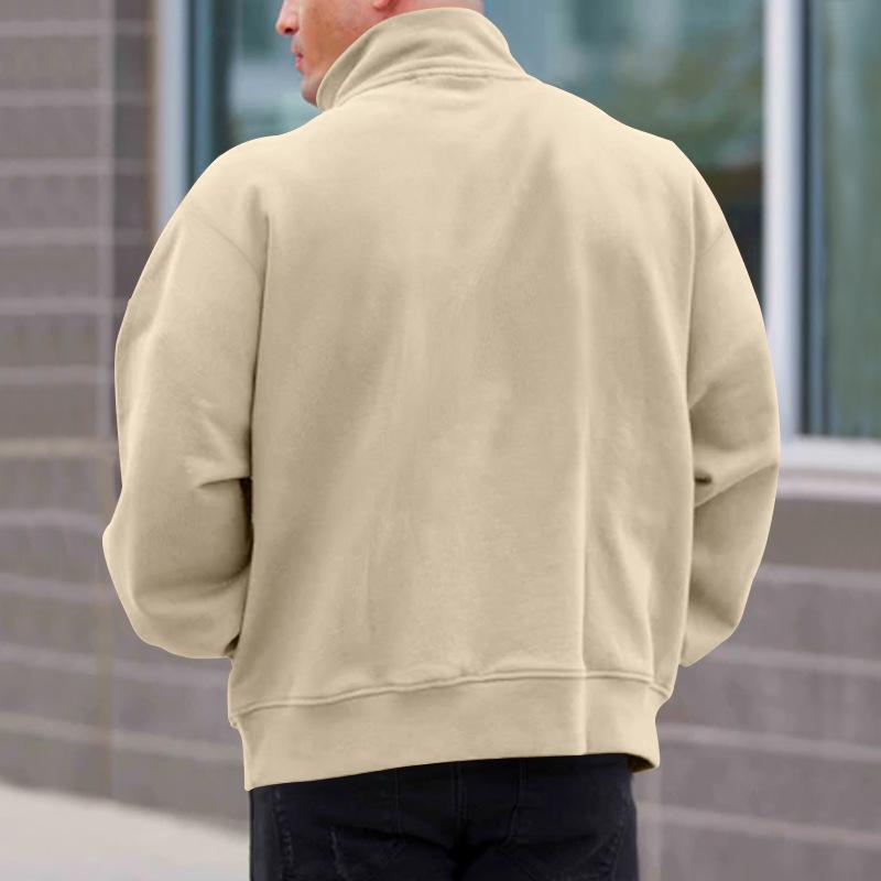 Mens Casual Solid Fleece Lined Long Sleeve Half Zip Stand Collar Polo Shirt