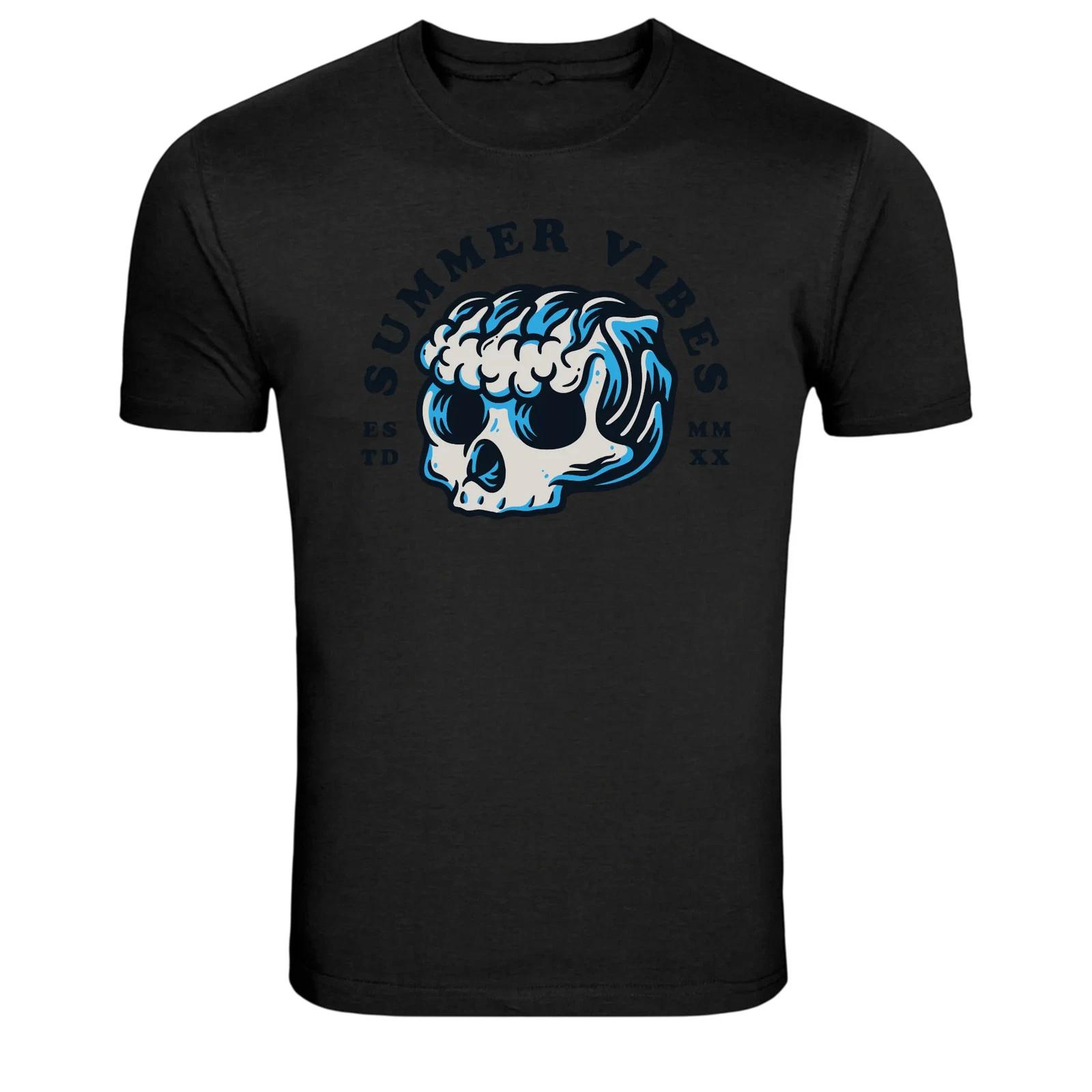 

Summer Vibes Wave Skull Surf Graphic T-Shirt S