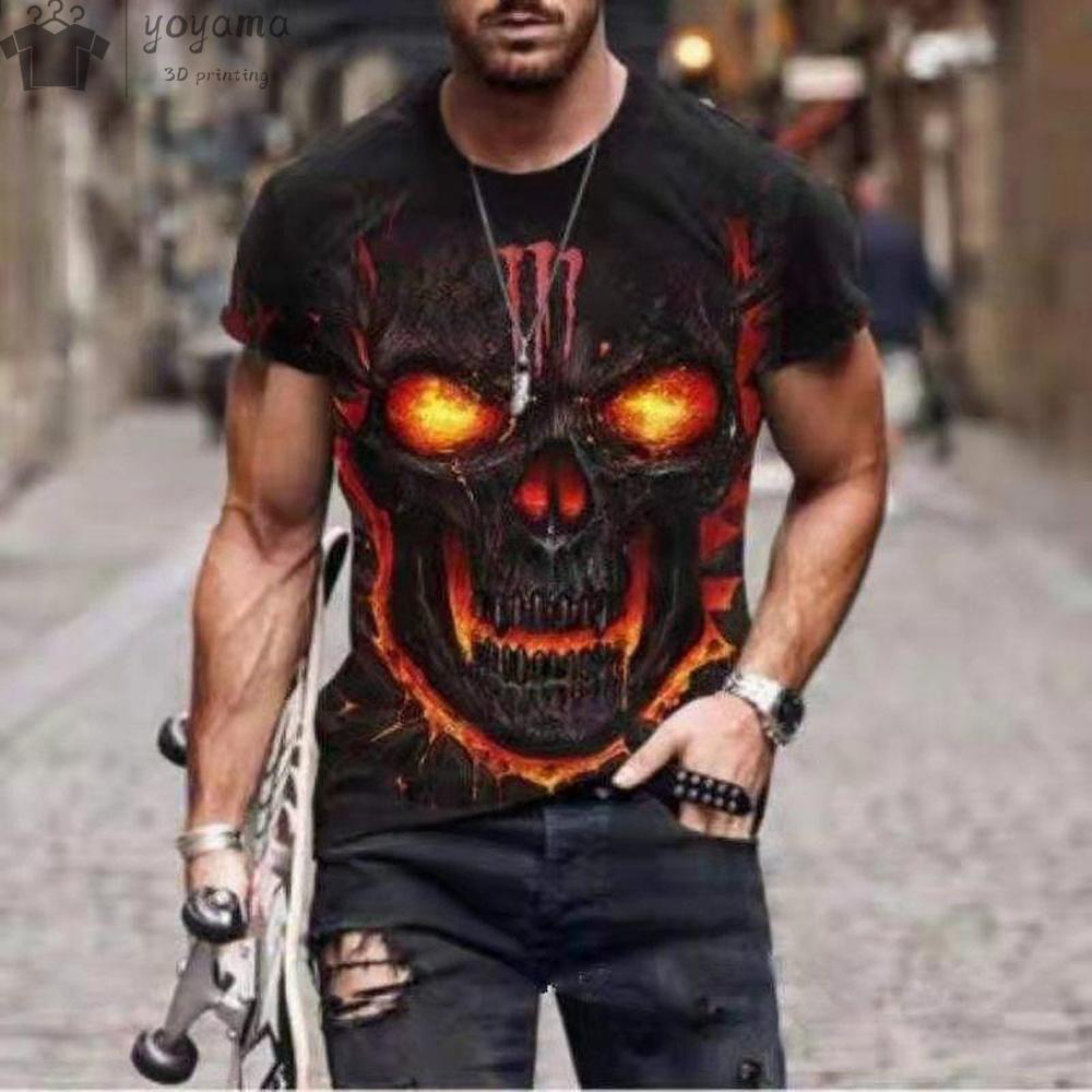 Red Skull Print T-shirt Punk Style Unisex's Clothing Gothic Design Skull Graphic T Shirts Unisex's Short Sleeve Tee Skull T-shirt Tops