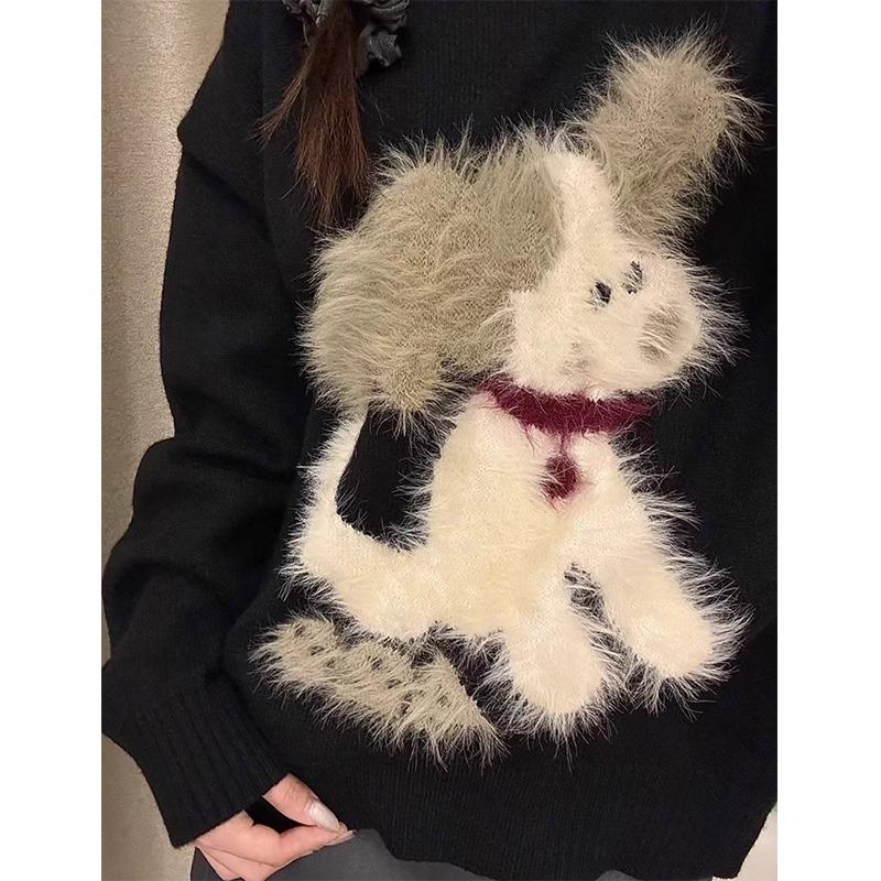 Autumn and Winter Crew Neck Pullover Black Lazy Wind Sweater Women's Soft Waxy Milk Ufu Loose Outer Wear Knitted Sweater Top