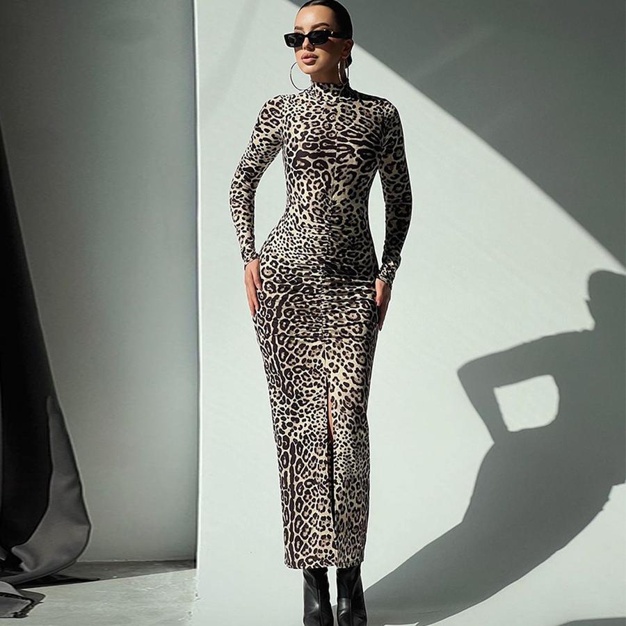 Spring Autumn Women's Sexy Leopard Print Long Sleeve High Neck Ripped Hem Dress