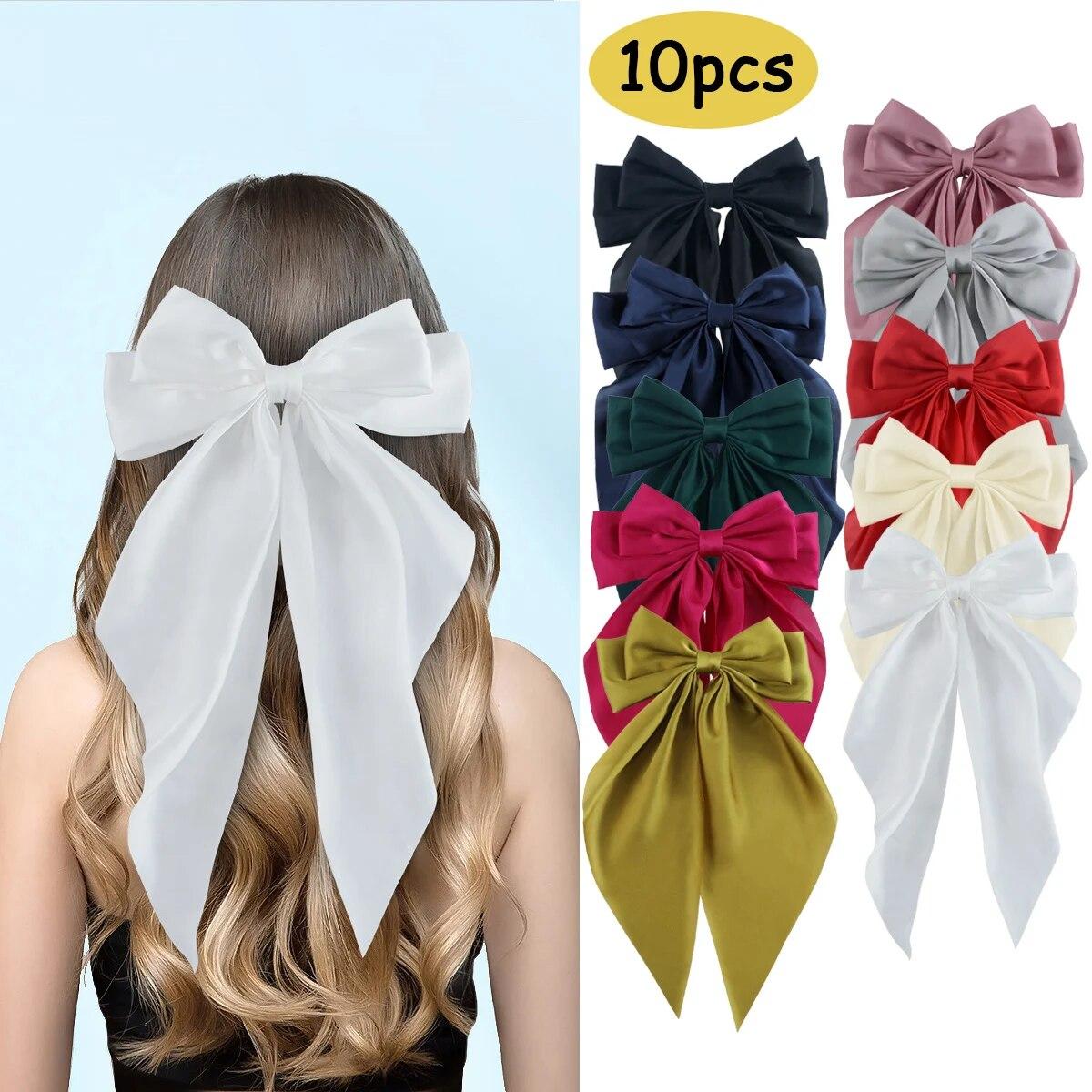 

10PCS Elegant Bow Ribbon Hair Clip Women Fashion Simple Solid Satin Spring Clip Headband with Clips Girls Hair Accessories Gift