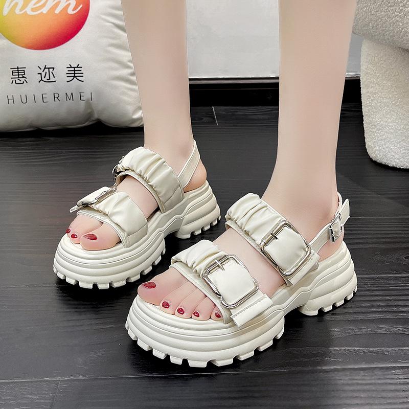 

2025 summer new muffin thick-soled metal buckle women s shoes fashionable solid color buckle one-word women s sports sandals 35