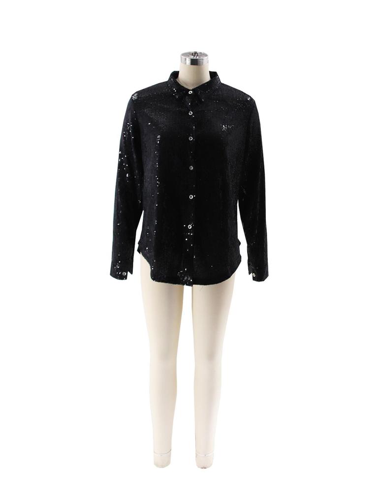 Autumn/Winter Versatile Suede Lapel Shirt with Sequins and Beads