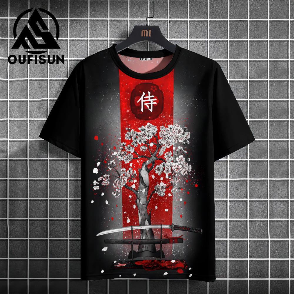 Japanese Style Men's T-Shirt Warrior Pattern Printed T-Shirts Casual Loose Short Sleeved Tees Oversized Men Clothing Tops Summer