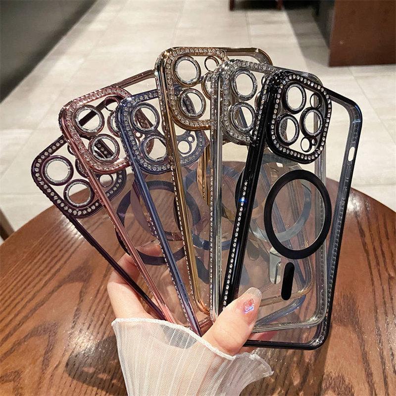 Brokatowy diamentowy bezprzewodowy futerał na telefon do ładowania dla Iphone 14 13 12 11 Pro Max 14 Plus 14pro przezroczysty, odporny na wstrząsy silikonowy zderzak