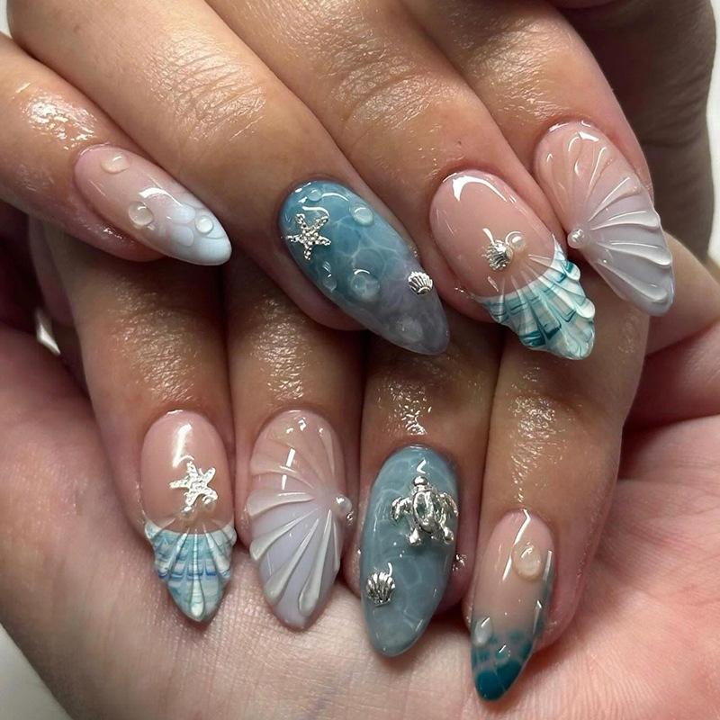 30 Cross-border Hot-selling Wearing Armor Summer Marine French Gradual Change Sea Turtle Star Almond Nail Art