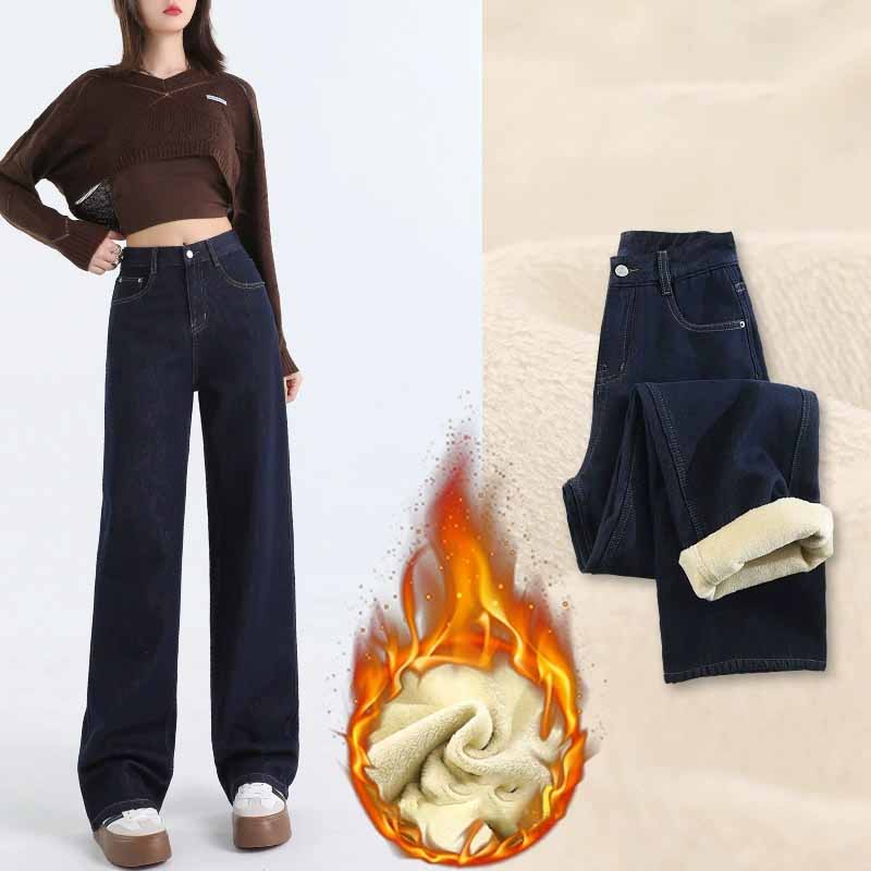 Winter Thick Women's Fleece Straight Jeans Casual Comfortable Soft Velvet Slim Pants Vintage Wide Plush Denim Trousers