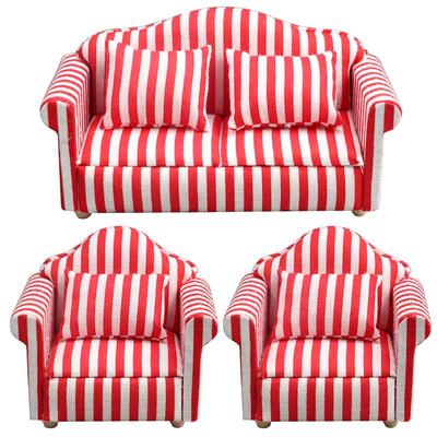 1:12 Dollhouse Miniature Living Room Set - Red Striped Sofa & Cushion