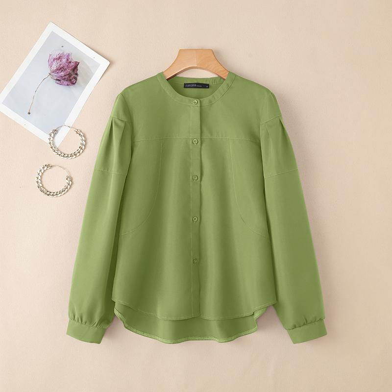 

ZANZEA Женская повседневная блузка с круглым вырезом, однотонная, с длинным рукавом, свободного кроя S зелёный