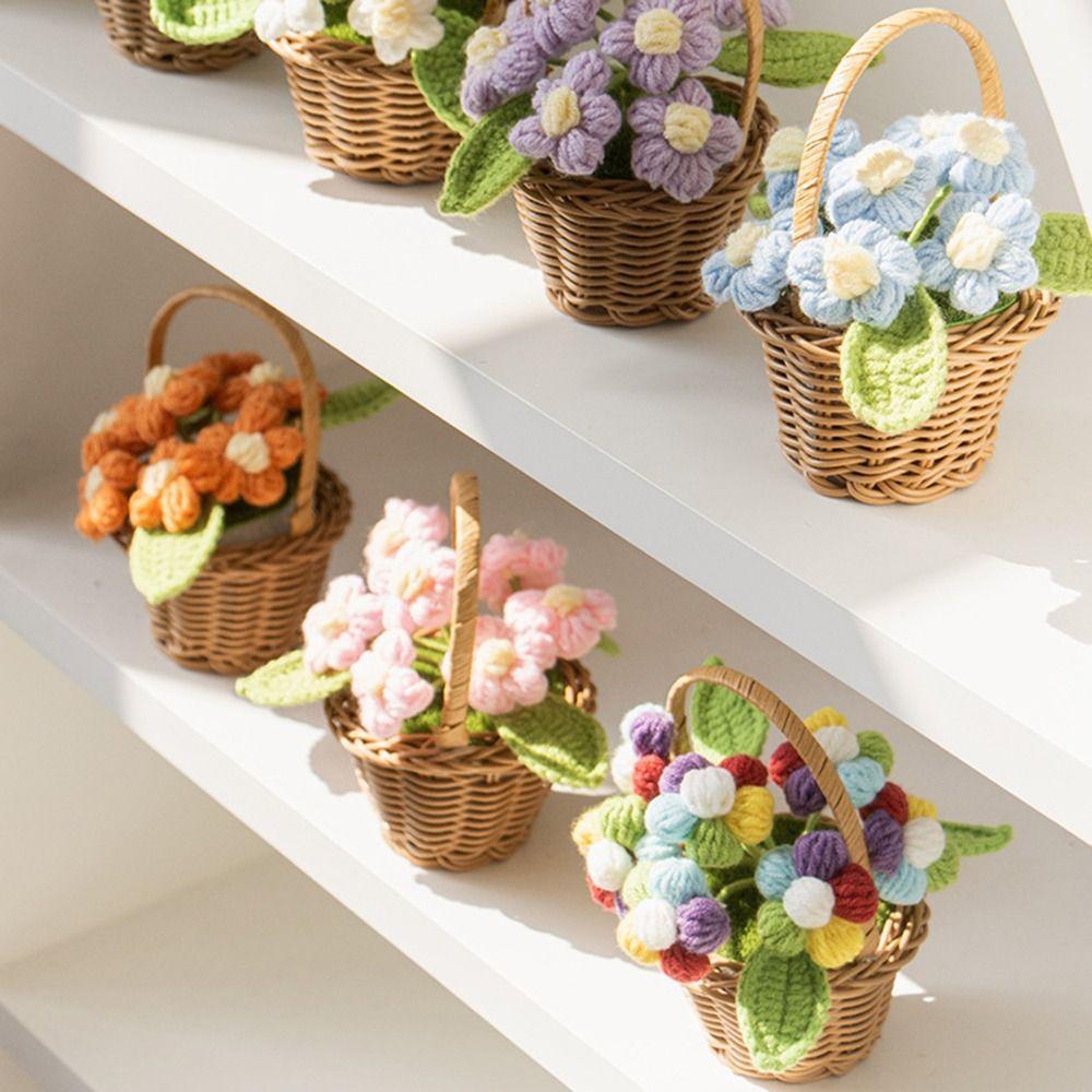 Small Crochet Flower Pot Handmade Puff Flower Potted Ornament  Office Desktop Decoration