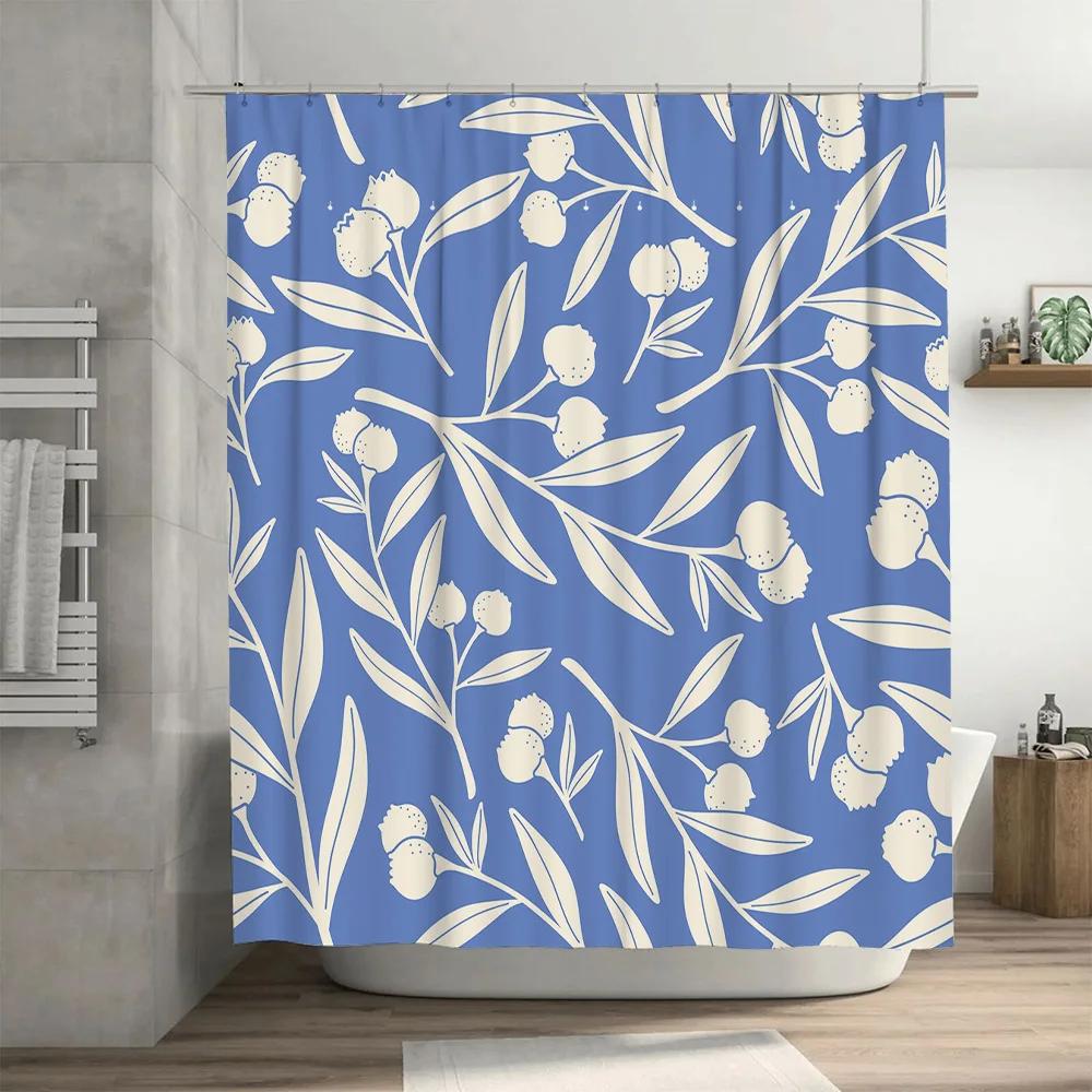 Luxuriöser Blau-Weißer Blumenmuster Duschvorhang Wasserdicht Waschbar Dekoratives Zuhause Badezimmer Zubehör 240x180cm(94X71)