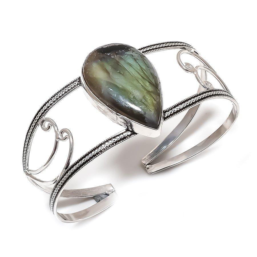 Natural Labradorite Gemstone 925 Sterling Silver Cuff Bangle Adjustable N9C38